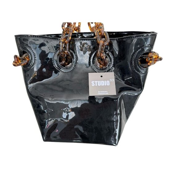 Studio 33 Women’s Woke Newbie Bucket Bag Patent Glossy Black Satchel Handbag NWT - Picture 4 of 12